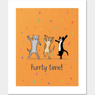 Dancing Cats Puurty Time Print With Orange Background Posters and Art